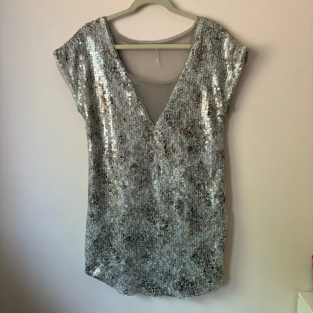Free People Sequin Dress Mesh V-Neck